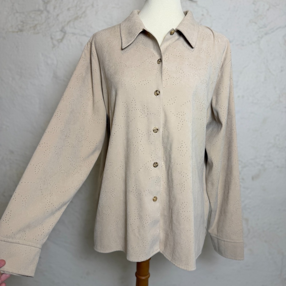 Classic Elements Faux Suede Button Up Shirt Womens XL Beige Eyelet Western Boho